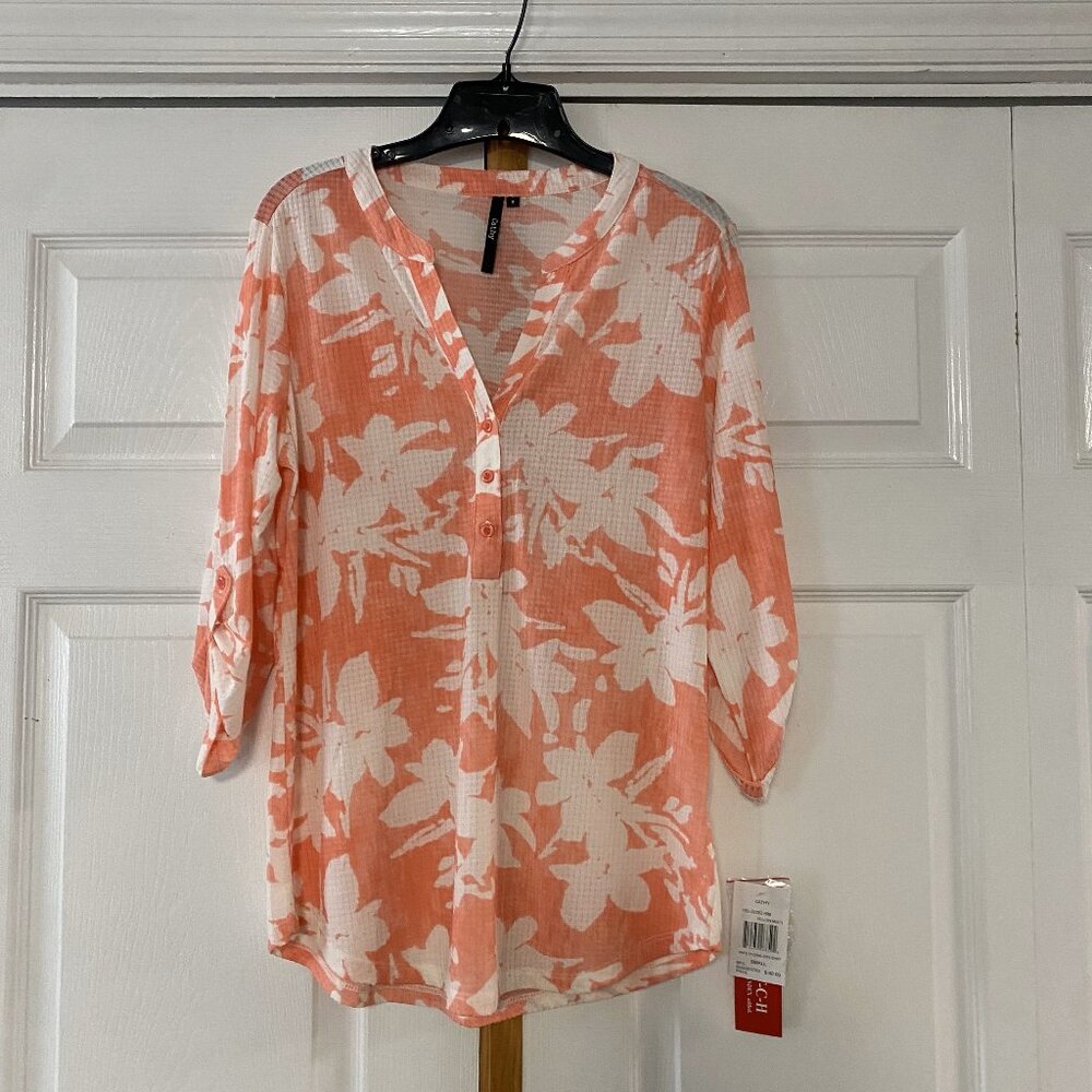 NWT - Cathy Daniels Floral Print Roll Tab Sleeve Tunic - Sz Small